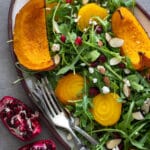 Roasted Pumpkin and beetroot salad with arugula and pomegranates.