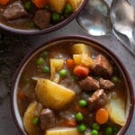 Gluten-free beef stew crock pot in a ceramic bowl.