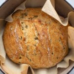Green chili cheese bread baked in a dutch oven.