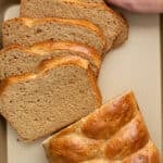 Einkorn sandwich bread sliced on a tray.