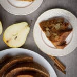 Spiced pear cake on a white plate.