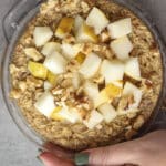 Baked oatmeal with pears and walnuts on top.