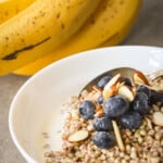 Buckwheat porridge in a white bowl.