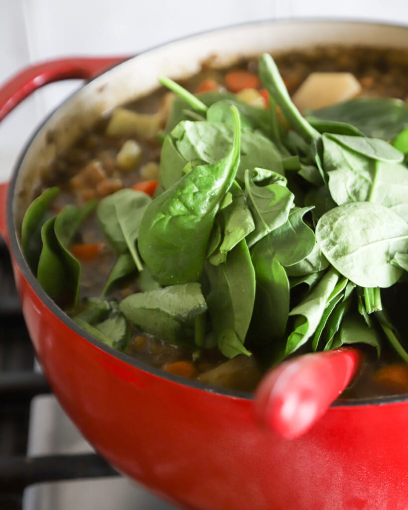One-Pot Lentil and Spinach Soup - A Red Spatula