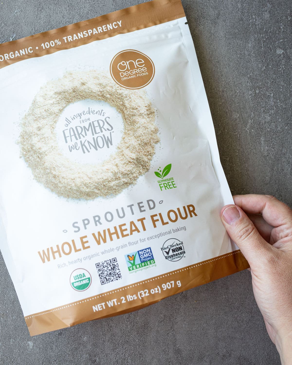 Sprouted wheat flour in a bag.