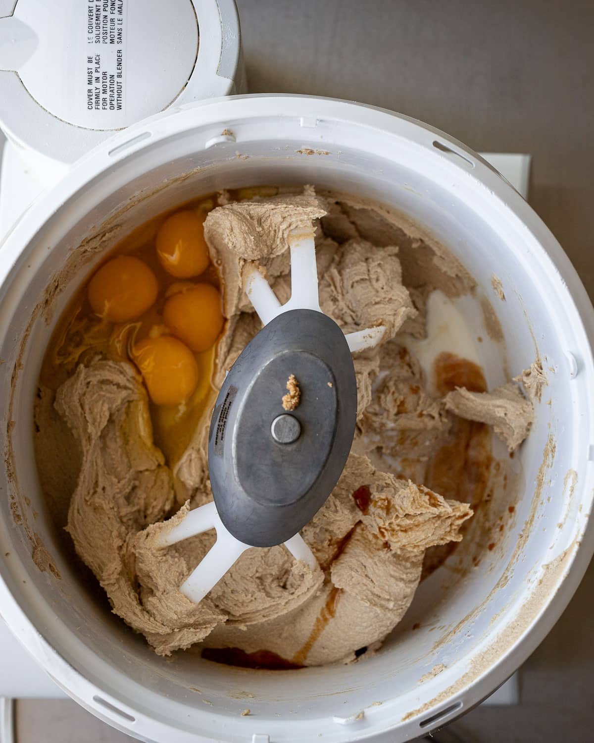 Cookie batter in a Bosch mixer.