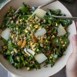Lentil and kale salad in a ceramic bowl.