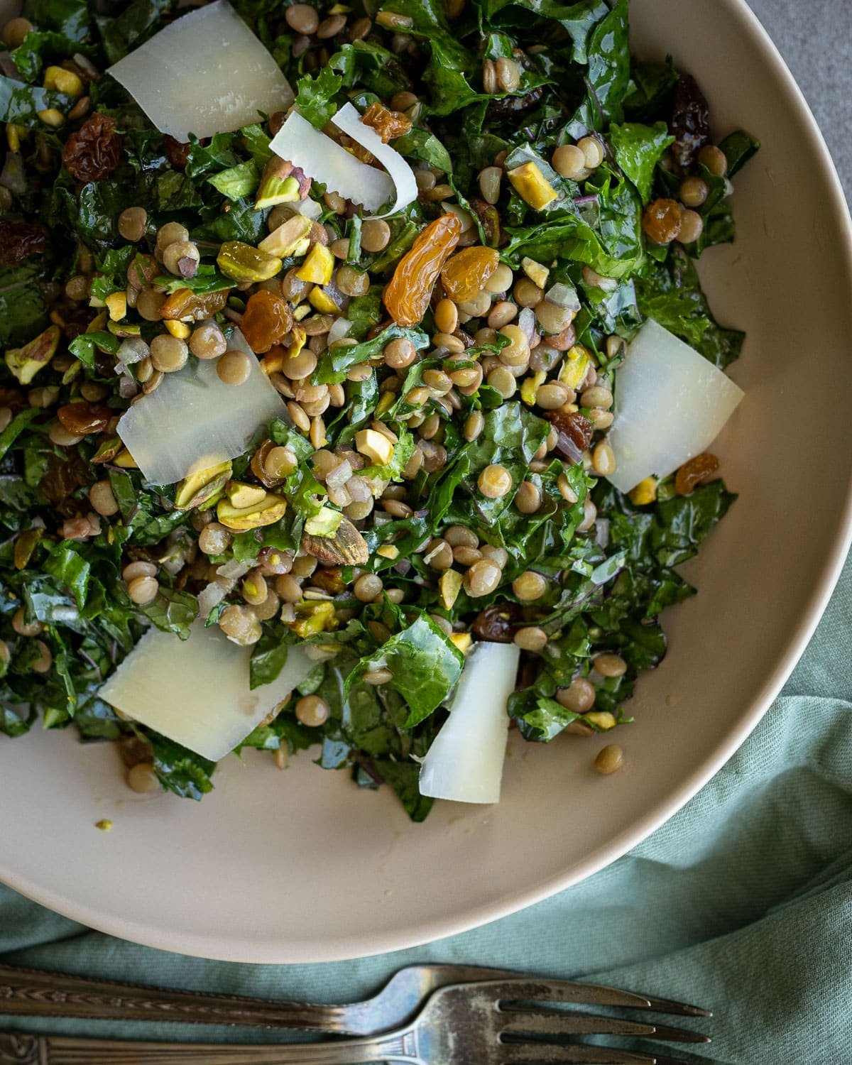 Kale and lentil salad in a bowl. 