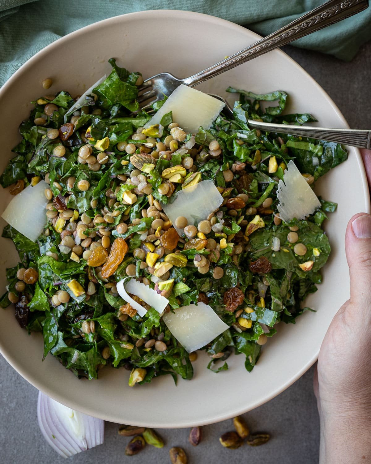 Lentil and kale salad in a ceramic bowl. 
