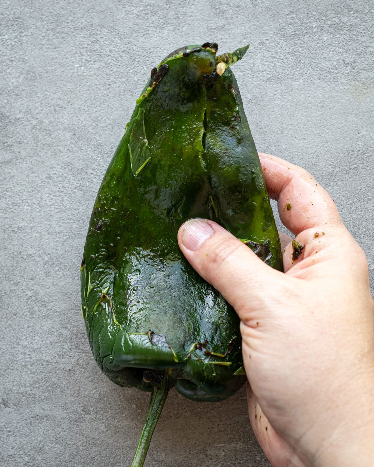 Cleaned charred poblano pepper a woman is holding. 