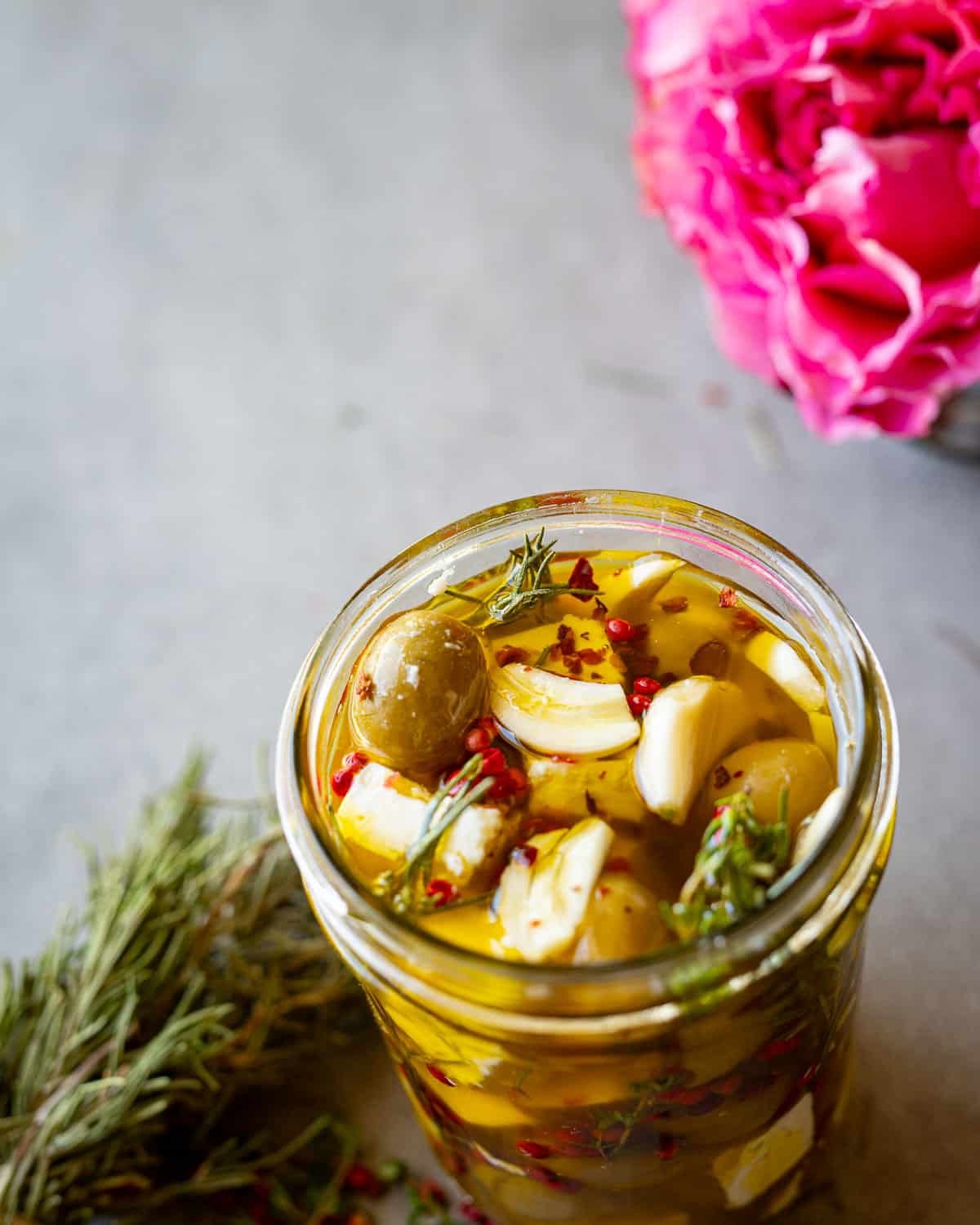 Marinated Greek feta recipe in a small mason jar. 