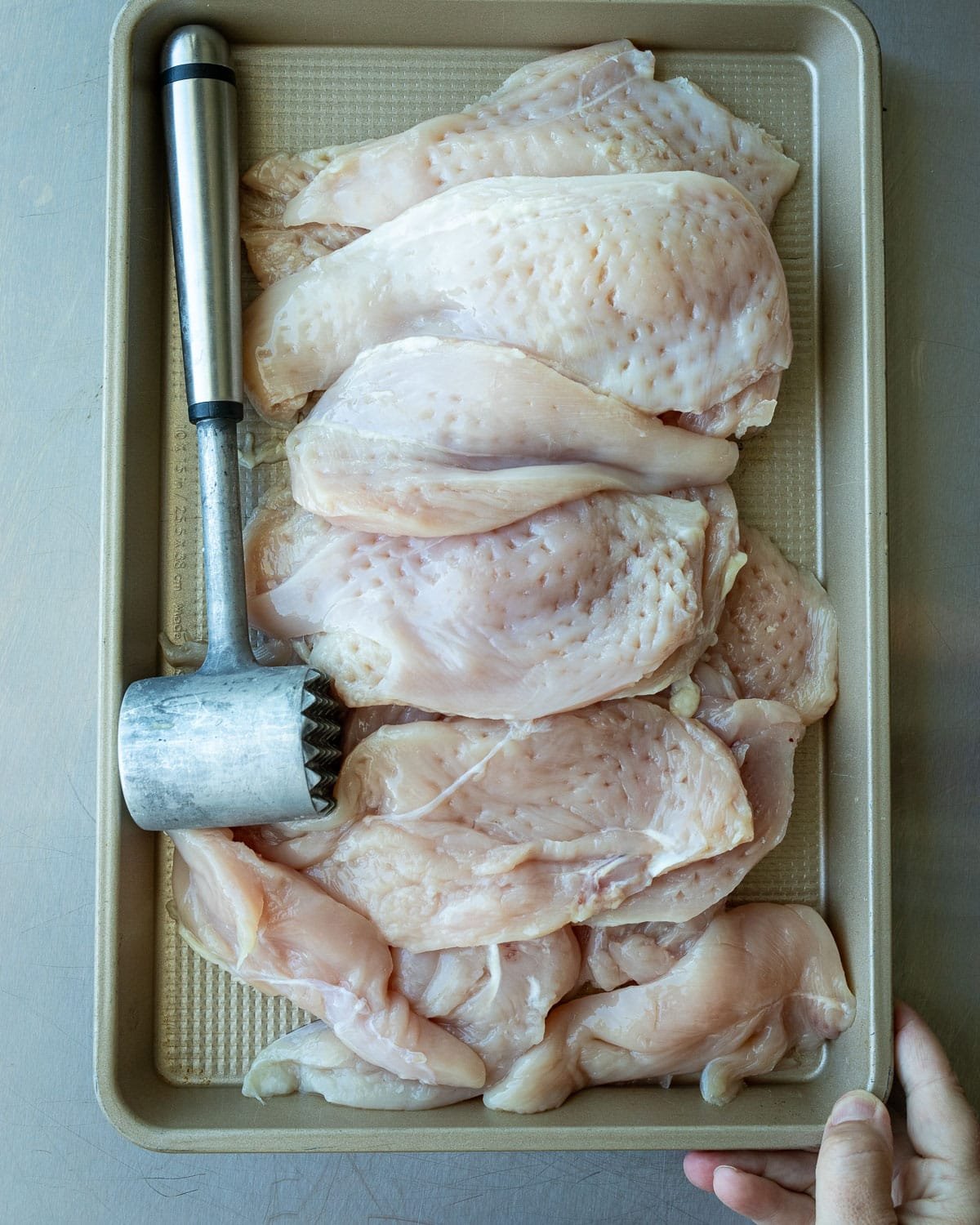 Chicken cutlets on a metal cutting board with a meat tenderizer. 