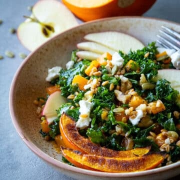 Fall harvest bowl in a ceramic bowl with pumpkins and apples on the side.