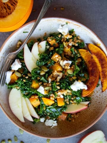 Fall harvest bowl with cooked einkorn and butternut squash.